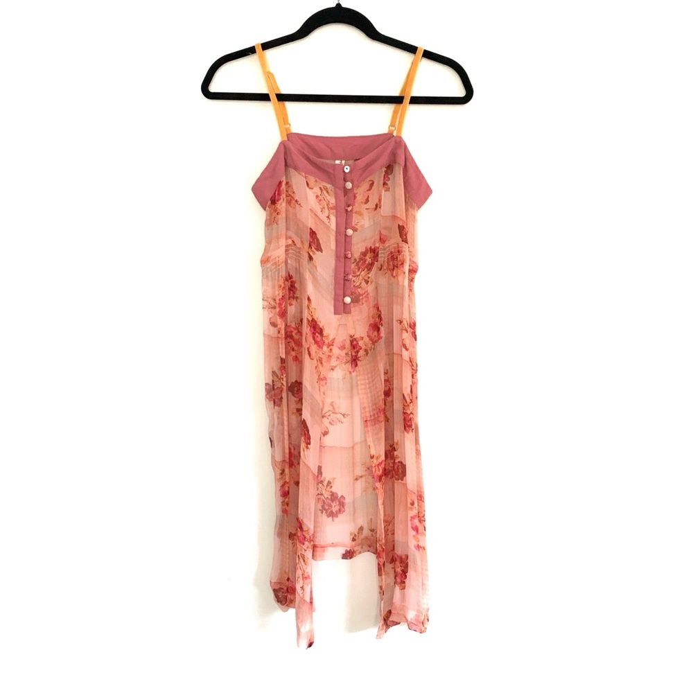 Anthro Feather Bone Everly Sheer Pink Floral Print Long Tunic Tank Top NWT